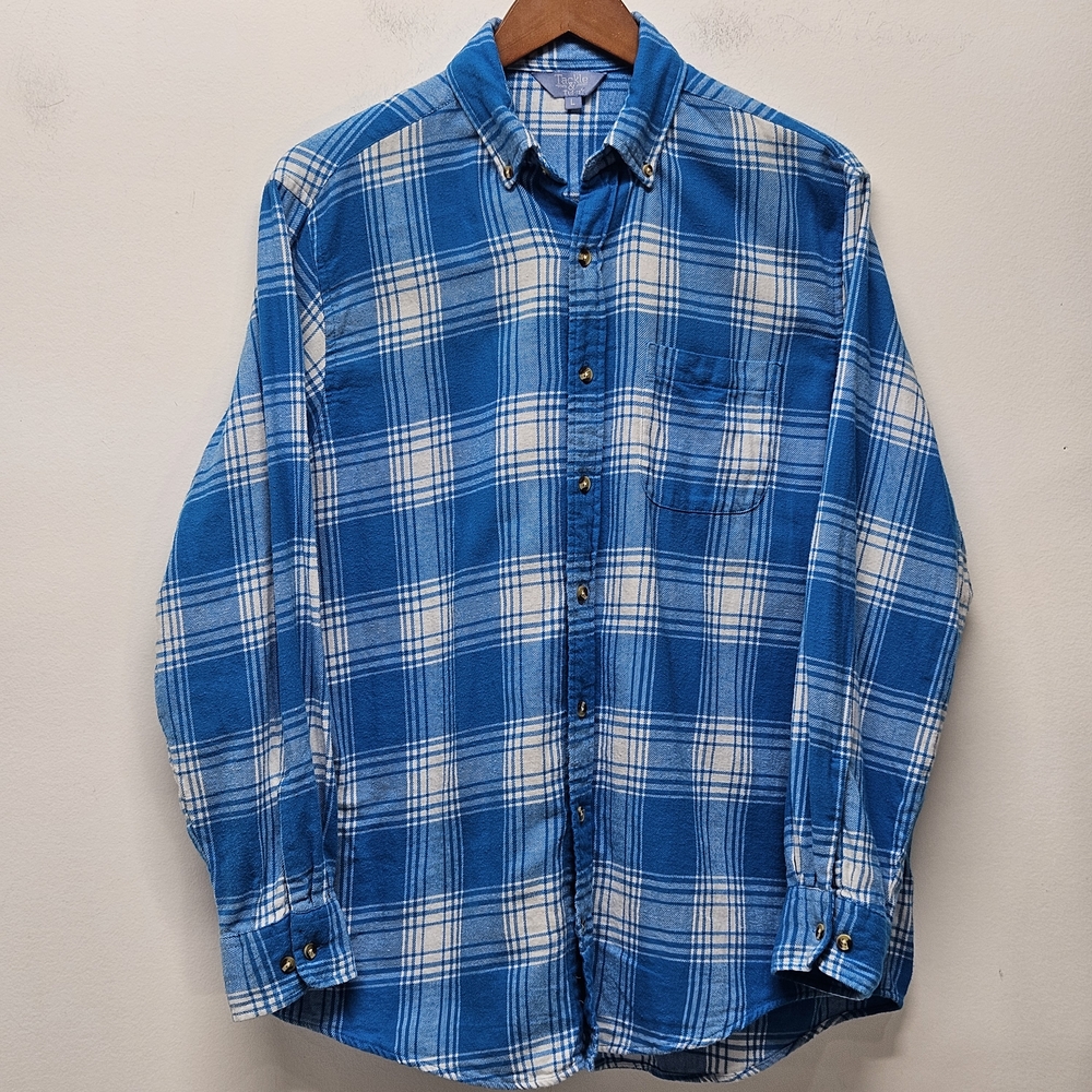 Tackle & Tides Button Down Plaid Flannel LS Shirt Size Large Blue White Country